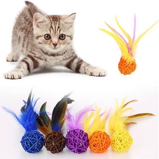 Kedi Oyun Topu, Köpek Oyun Topu, Hareketli Kedi Topu, 2'li Rattan Renkli Peluş Tüy Kedi Köpek Oyuncak Yakalama Çiğneme Çıngıraklı Top Oyuncağı